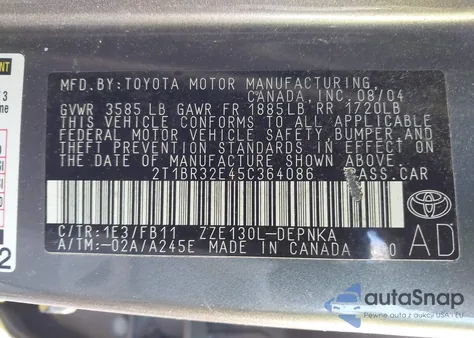 2005 Toyota Corolla Le z USA, uszkodzony, nr VIN 2T1BR32E45C364086